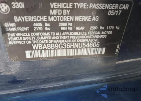 2017 BMW 330I z USA, uszkodzony, nr VIN WBA8B9G36HNU54606